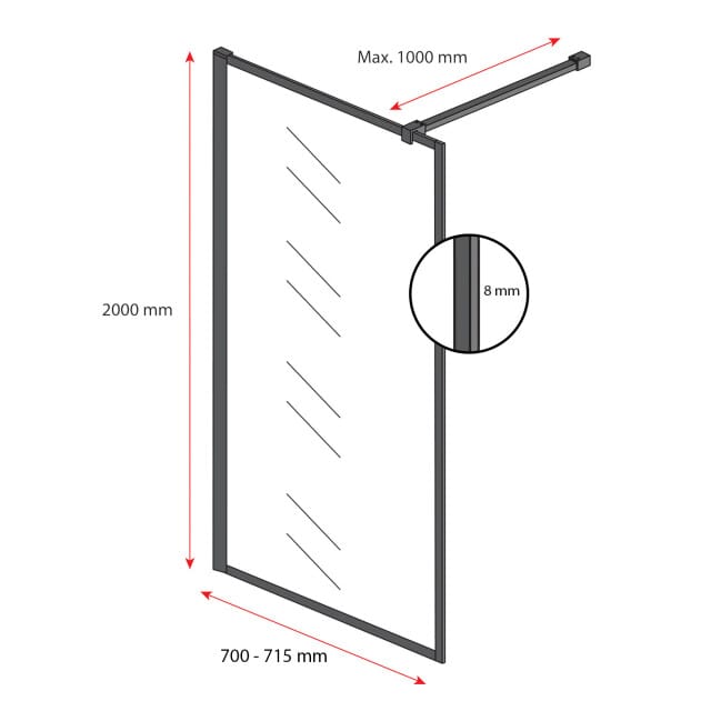 Badplaats Douchewand Georgia 70 x 200 cm – Zwart – Inloopdouche 8 mm Veiligheidsglas