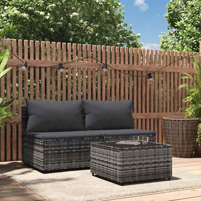 vidaXL - 3-delige - Loungeset - met - kussens - poly - rattan - grijs