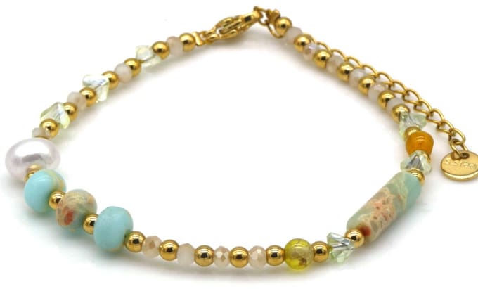 Armband - RVS - glaskralen en stenen - goudkleurig - 16-21 cm - dames