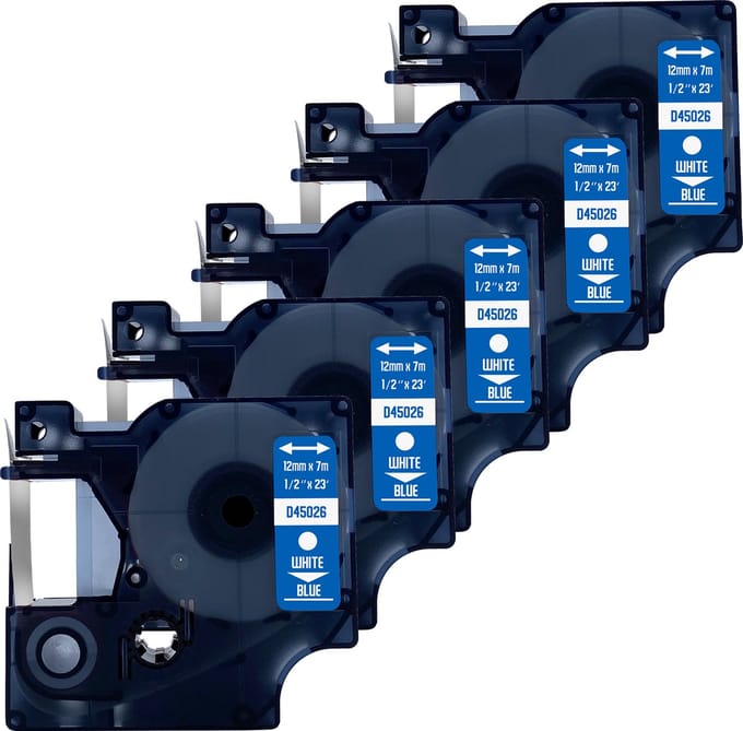 DULA Dymo D1 45026 Compatible label tape - 5 lettertapes - Wit op blauw - 12mm x 7m