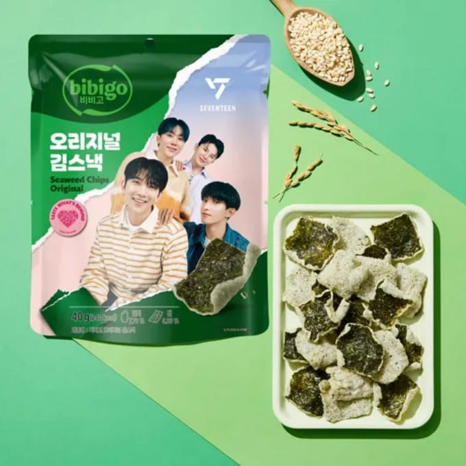 bibigo Originele Zeewiersnack Extra Krokante Geroosterde Rijstpapier Chip 40g x 6 Pak green