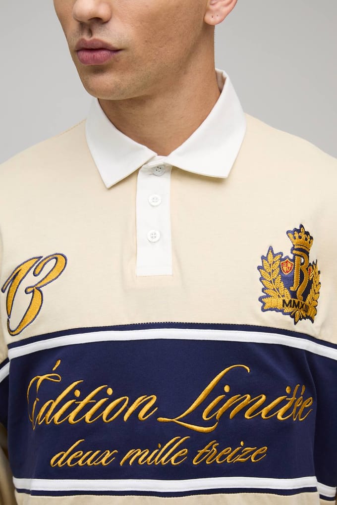 Oversized Varsity Embroidered Rugby Polo | Sand | Size Medium