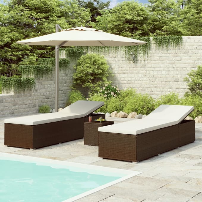 vidaXL - 3-delige - Ligbeddenset - met - theetafel - poly - rattan - bruin