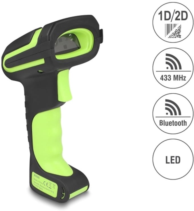 Delock Industrial Barcode Scanner 1D and 2D for 433 MHz or Bluetooth with inductive charging station and long distance reading up to max. 6.5 m