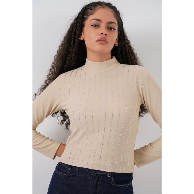 Gestreepte Halve Col Lange Mouwen Top met Steen Detail