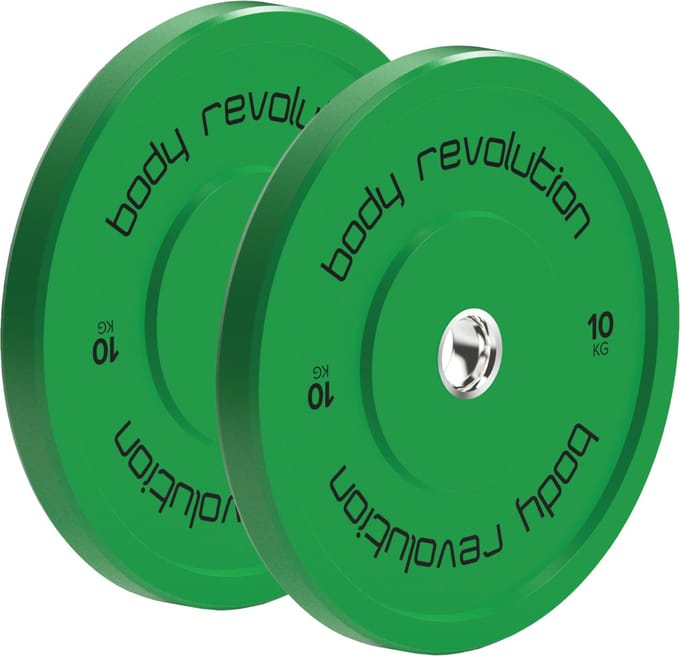 2x10 kg olympische bumper schijven - groen - 45 cm - rvs binnenring