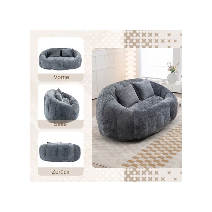 Bank poef - MUVOE - Tweepersoons fauteuil - Grijs chenille - 2 zitplaatsen - Vulschuim grijs