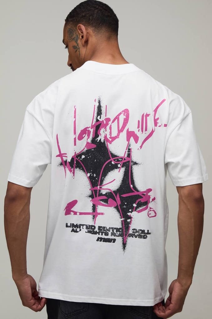 Wit Oversized T-shirt Met Ster Graffiti Doodle Print | White | Size Medium