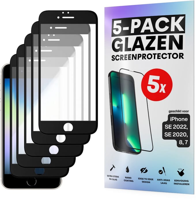Screenprotector - Geschikt voor iPhone 7 / 8 / SE 2020 - Gehard Glas - Full Cover Tempered Glass - Case Friendly - 5 Pack
