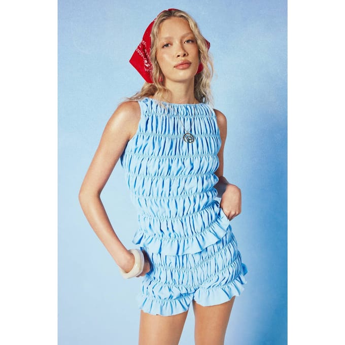 boohoo Dames Chiffon Geplooide Mini Short | Baby Blue | Maat: 12