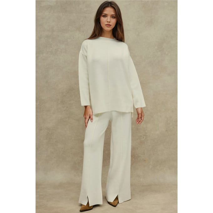 Lang Sweater & Hoge Taille Wijde Pijpen Brei Set