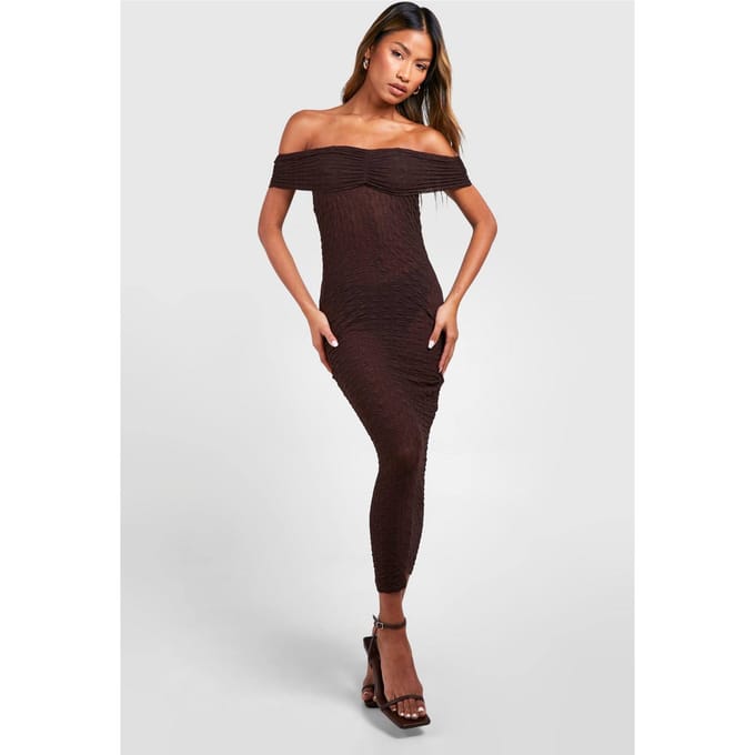 boohoo Dames Bardot geruichte textuur midaxi-jurk | Chocoladebruin | Maat: 38