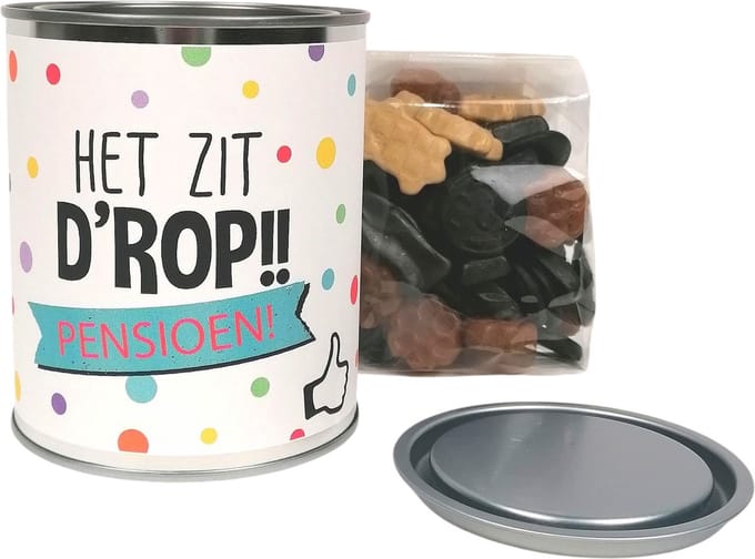 Pensioen cadeau - "Het zit d'rop" - Pensioen - cadeaublik gevuld met drop