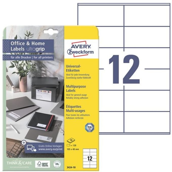 Avery-Zweckform 3424-10 Universele etiketten 105 x 48 mm Papier Wit 120 stuk(s) Permanent hechtend Laser (kleur), Laser (zwart/wit)