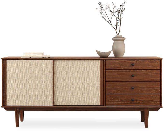 SIMONA-dressoir van massief hout met rotanvlechtwerk – kastanjebruin