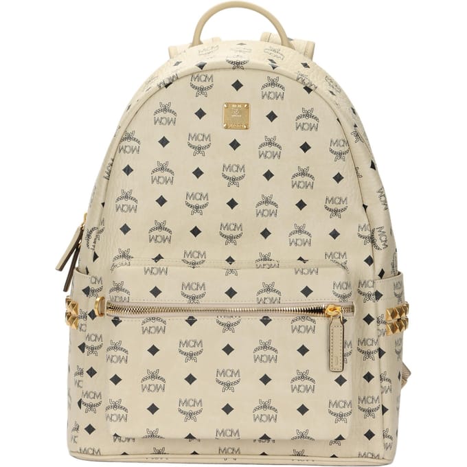 MCM Stark Rivets Latéraux Clous Logo Plat Toile Enduite Sac à Dos Sac à Dos Unisexe Beige MMKAAVE09I8001 Basic Set (Bag+Dust Bag)