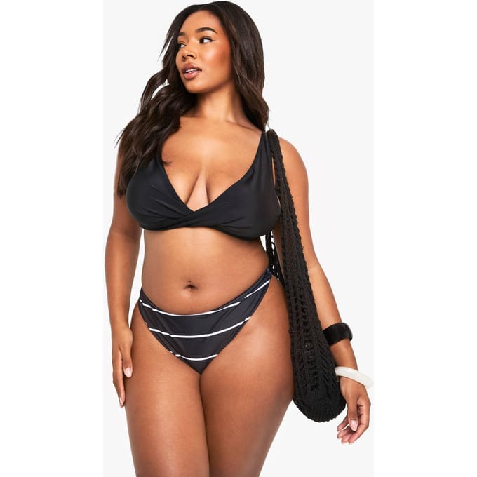 boohoo Dames Plus Zwemkleding Essentials Hoge Taille Gestreepte Slip | Zwart | Maat: 48