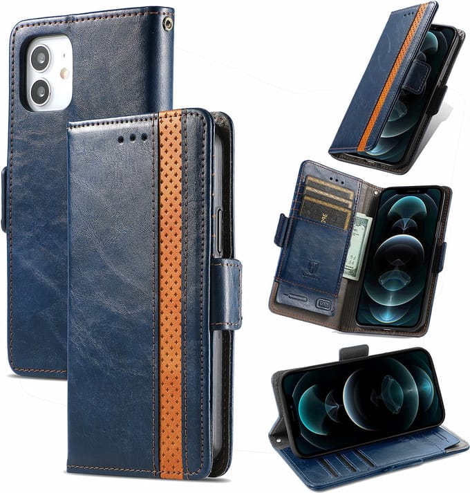 Stijlvol Tweekleurig PU-leer Wallet Flip Case + PMMA Screenprotector voor iPhone 12 Mini _ Blauw