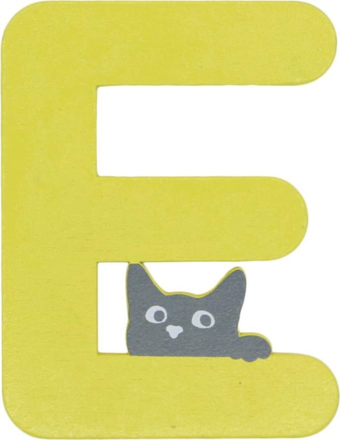 Houten Letter E Geel met Kat | 9 cm