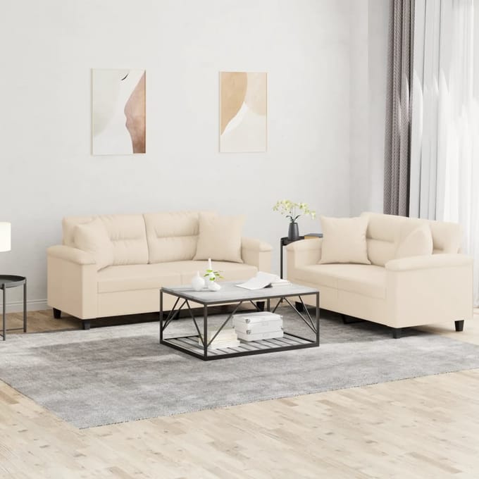 vidaXL - 2-delige - Loungeset - met - kussens - microvezelstof - beige