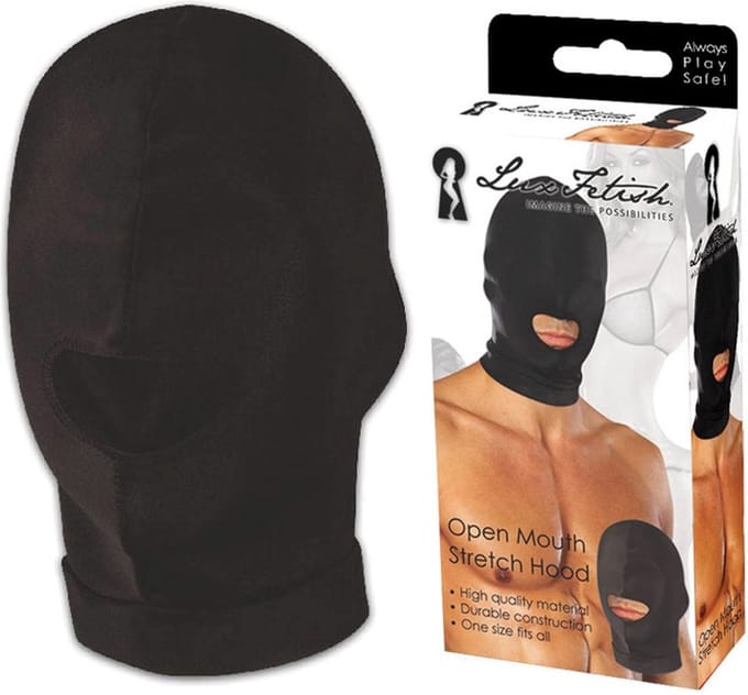 Lux Fetish - Open Mouth Stretch Hood Masker - Zwart