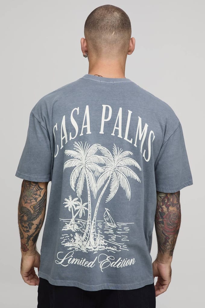 Gewassen Oversized Casa Palms Print T-shirt | Washed Grey | Size Medium