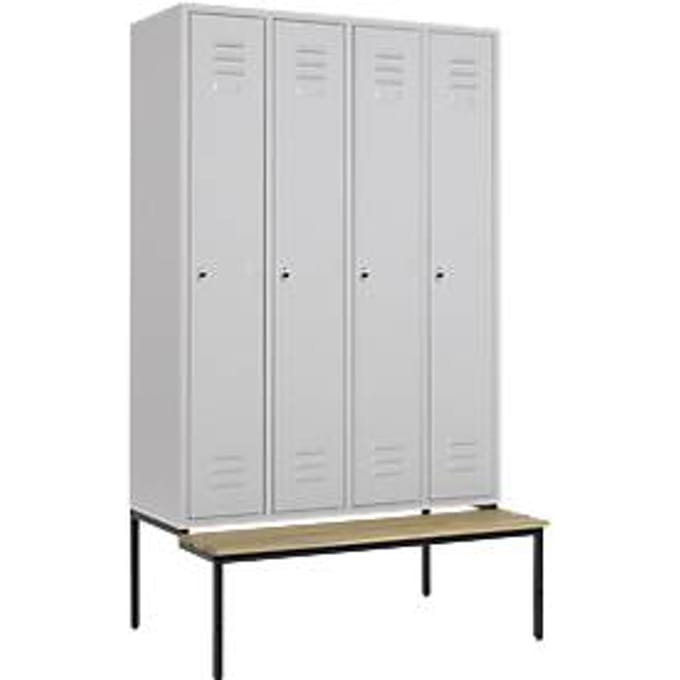Kledinglocker, 4 compartimenten, 300 mm, draaigrendelslot, zitbank deur lichtgrijs
