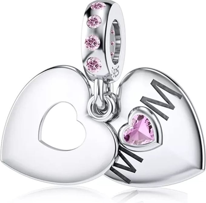 RomyStones – Bedel Mom Hart – Zilver – Roze Steen – Moeder - Mamma Cadeau