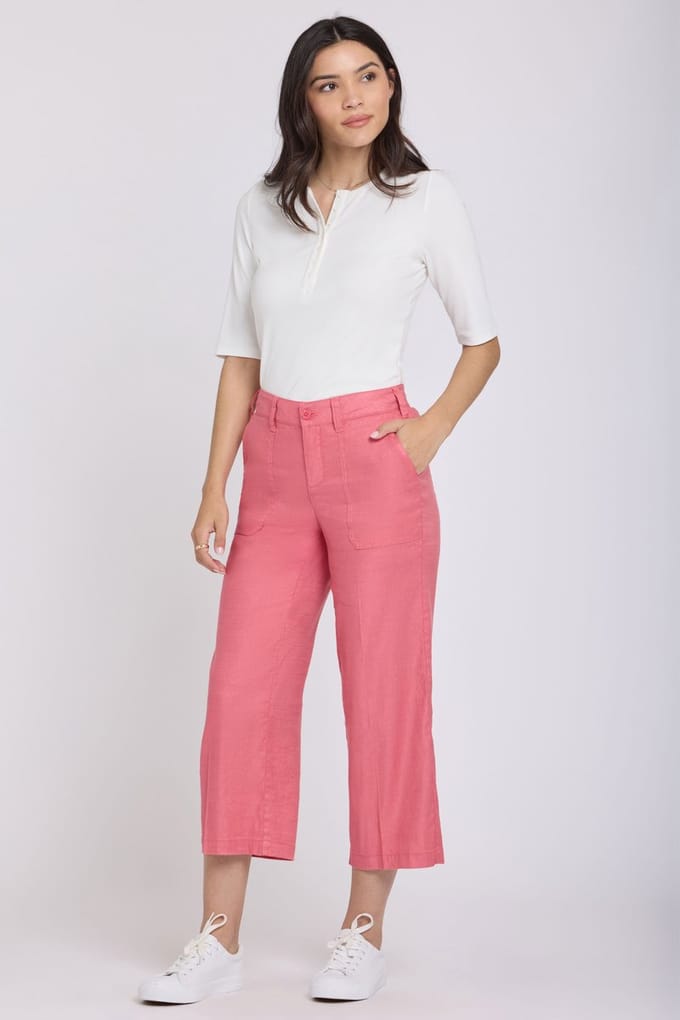 Wijd Been Cargo Capri Broek In Stretch Linnen