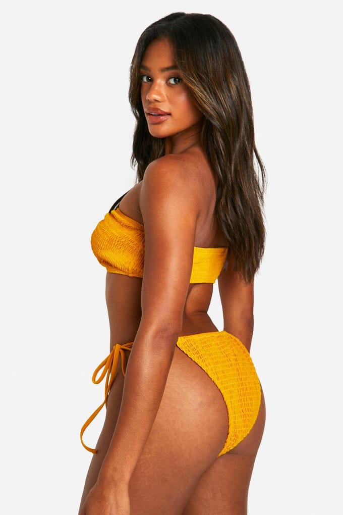 boohoo Dames Seersucker Bikini Slip met Zijsluiting | Mosterd | Maat: 38