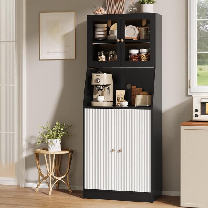 180cm Kitchen Cabinet with LED Lighting, Buffet Cabinet with Worktop, Pantry Kitchen with 4 Doors, Tall Cabinet Kitchen for Living Room Dining Bar, Black