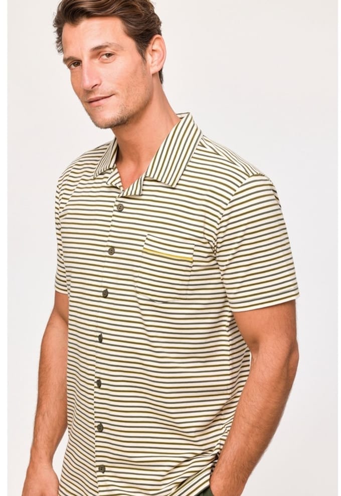Pyjama heren woody strepen knoopjes uni short