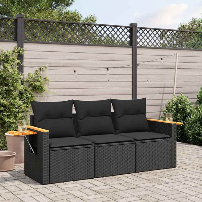 vidaXL - 3-delige - Loungeset - met - kussens - poly - rattan - zwart