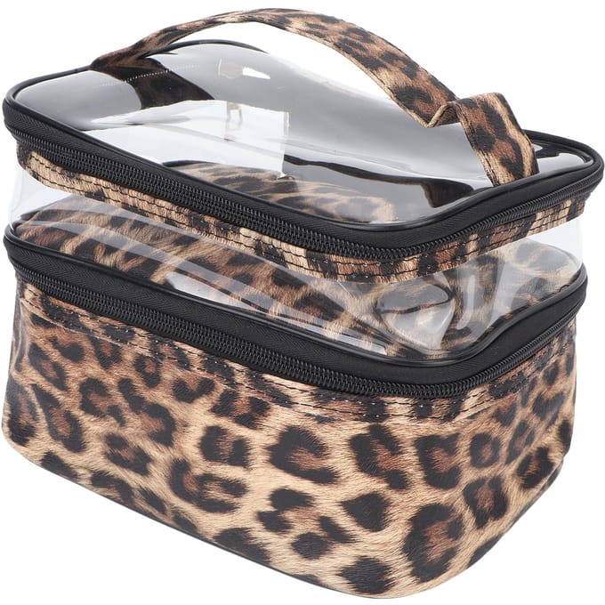 Dubbellaagse Cosmetische Tas PVC Luipaardprint Ontwerp Draagbaar Grote Capaciteit Make-uptas met Rits gray