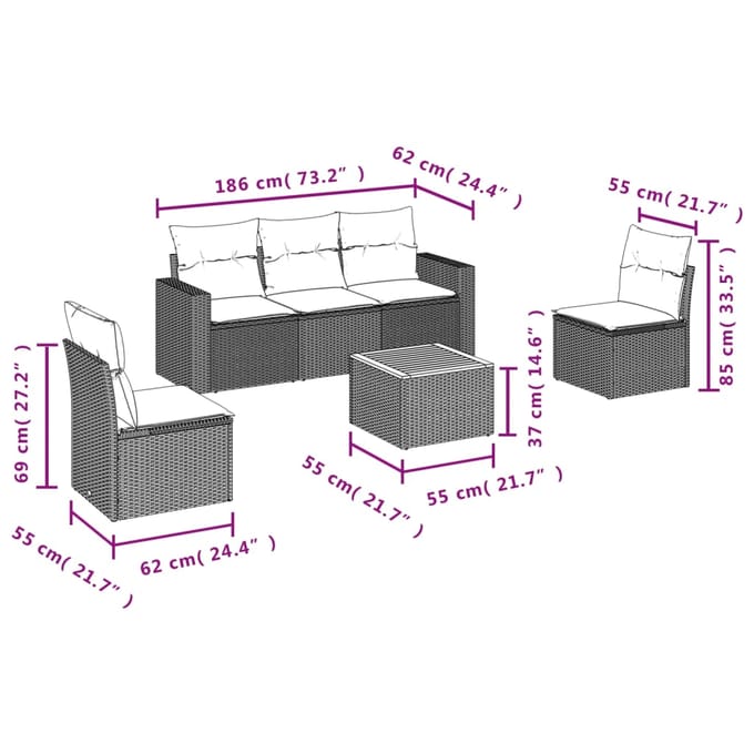 vidaXL - 6-delige - Loungeset - met - kussens - poly - rattan - beige
