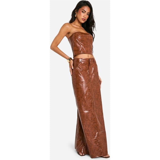 boohoo Dames Croc Look Synthetisch Lederen Maxi Rok | Bruin | Maat: 38