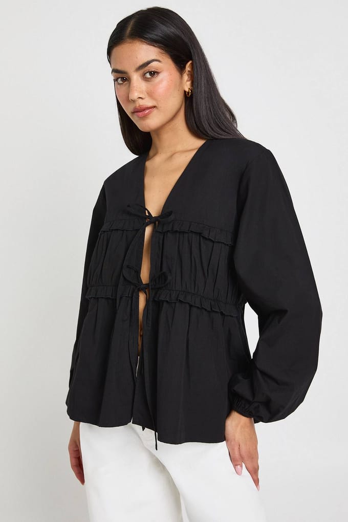 boohoo Dames Strikblouse met Ruches in Poplin | Zwart | Maat: 44