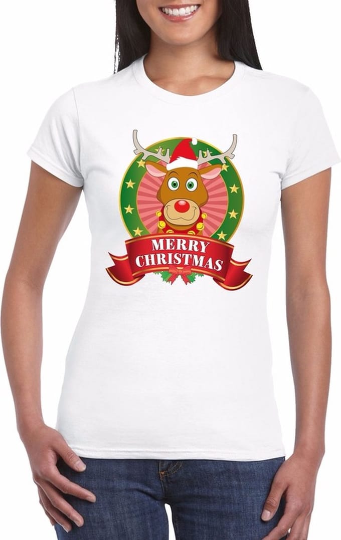 Foute Kerst shirt voor dames - Rendier Rudolf - Merry Christmas L