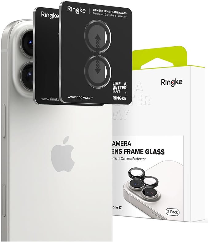 Ringke Frame Glass - Camera Protector Geschikt voor Apple iPhone 17 - Case Friendly - Tempered Glass voor Camera Lens Zwart - 2-Pack