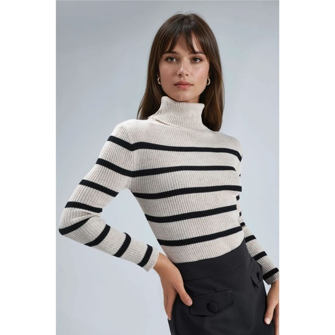 Getailleerde Gestreepte Ribbels Turtleneck Trui
