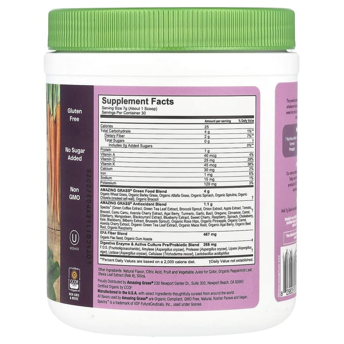 Amazing Grass, antioxydants superalimentaires verts, baies sucrées, 7,4 oz (210g)