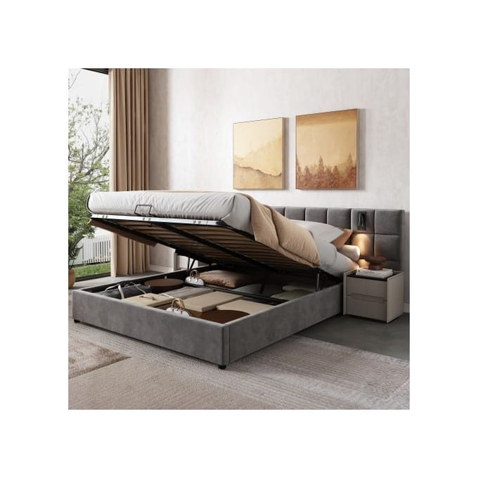 Lit rembourré - MUVOE - 160x200 cm - Acier - Avec rangement - Liseuse et USB gris