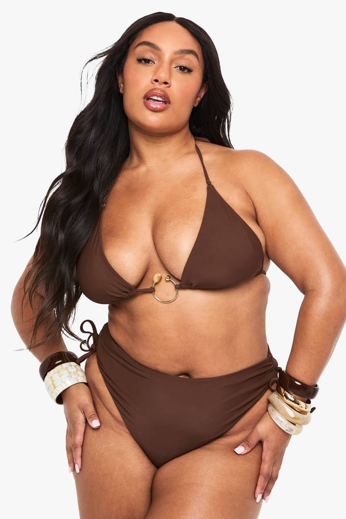 boohoo Dames Plus gerimpelde high waist bikini-bottom | Chocoladebruin | Maat: 54