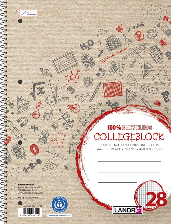 LANDRÉ collegeblok Recycling, DIN A4, geruit, 80 vel, rood