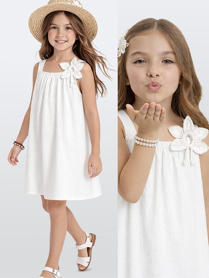 Denokids CFF-26Y1-003 Wit Meisjes Jurk 3D Bloemen Katoen 122