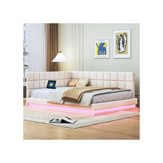 Lit rembourré Canapé-lit 140*200 Lit multifonctionnel avec barre lumineuse LED, prise USB et sommier à lattes