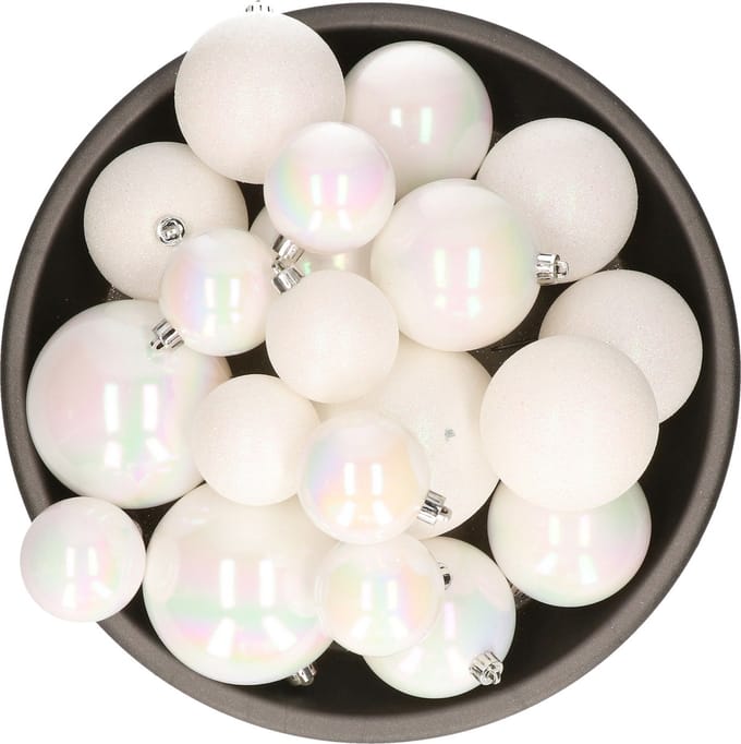 Decoris kerstballen - 26x st - parelmoer wit - kunststof - mix 6, 8 en 10 cm