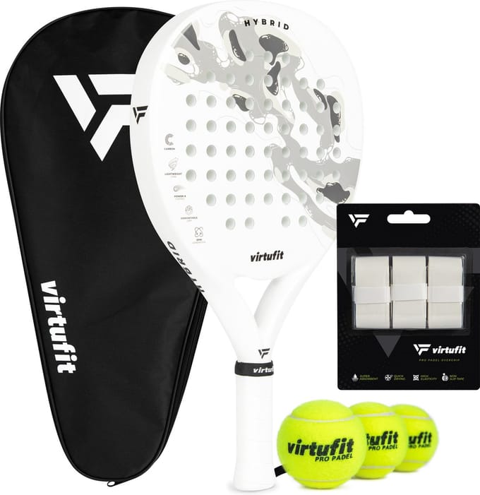 VirtuFit Hybrid Padel Set - Wit / Grijs - Incl. Tas, 3 Ballen & Overgrips
