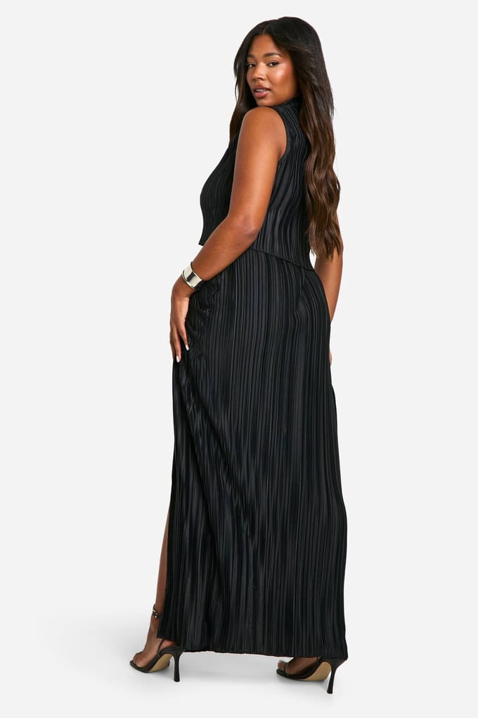 boohoo Dames Plus Plisse Top & Gerafelde Maxi Rok Co-ord | Zwart | Maat: 46