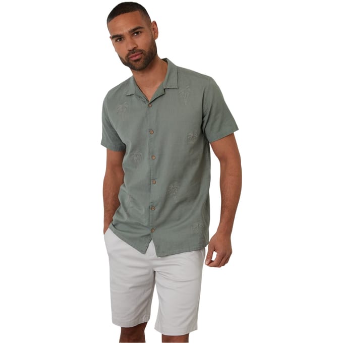 Threadbare Mannen Geborduurd Korte Mouwen Shirt (Sage)